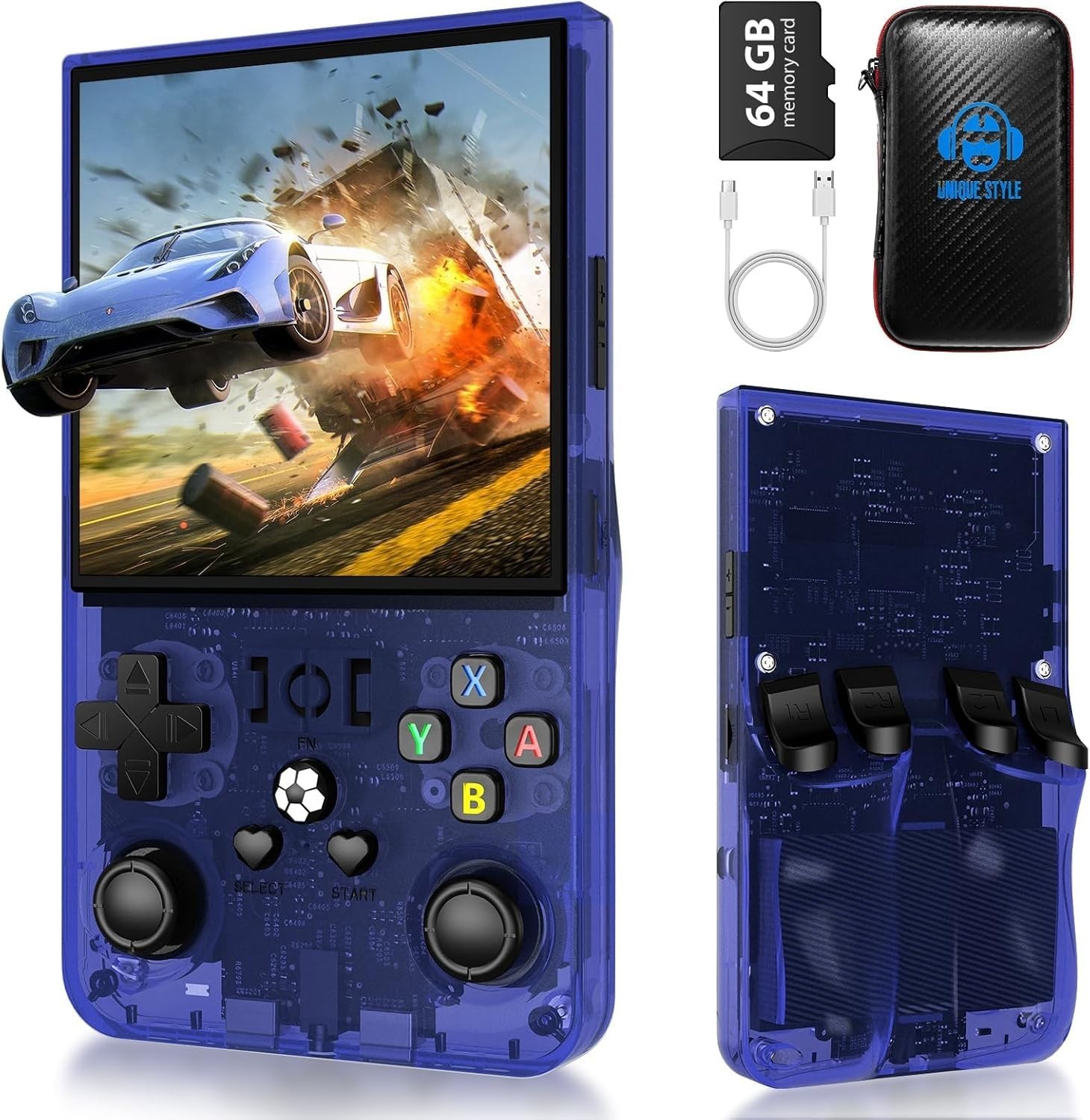 Retro Handheld Gaming Console 4″ Screen, 64GB TF Card, Portable Arcade, Blue
