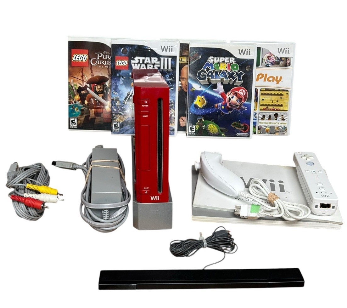 Nintendo Wii (RVL-101) Red Bundle 5 Games 1 Remote 1 Nunchucks VGC Mario Lego