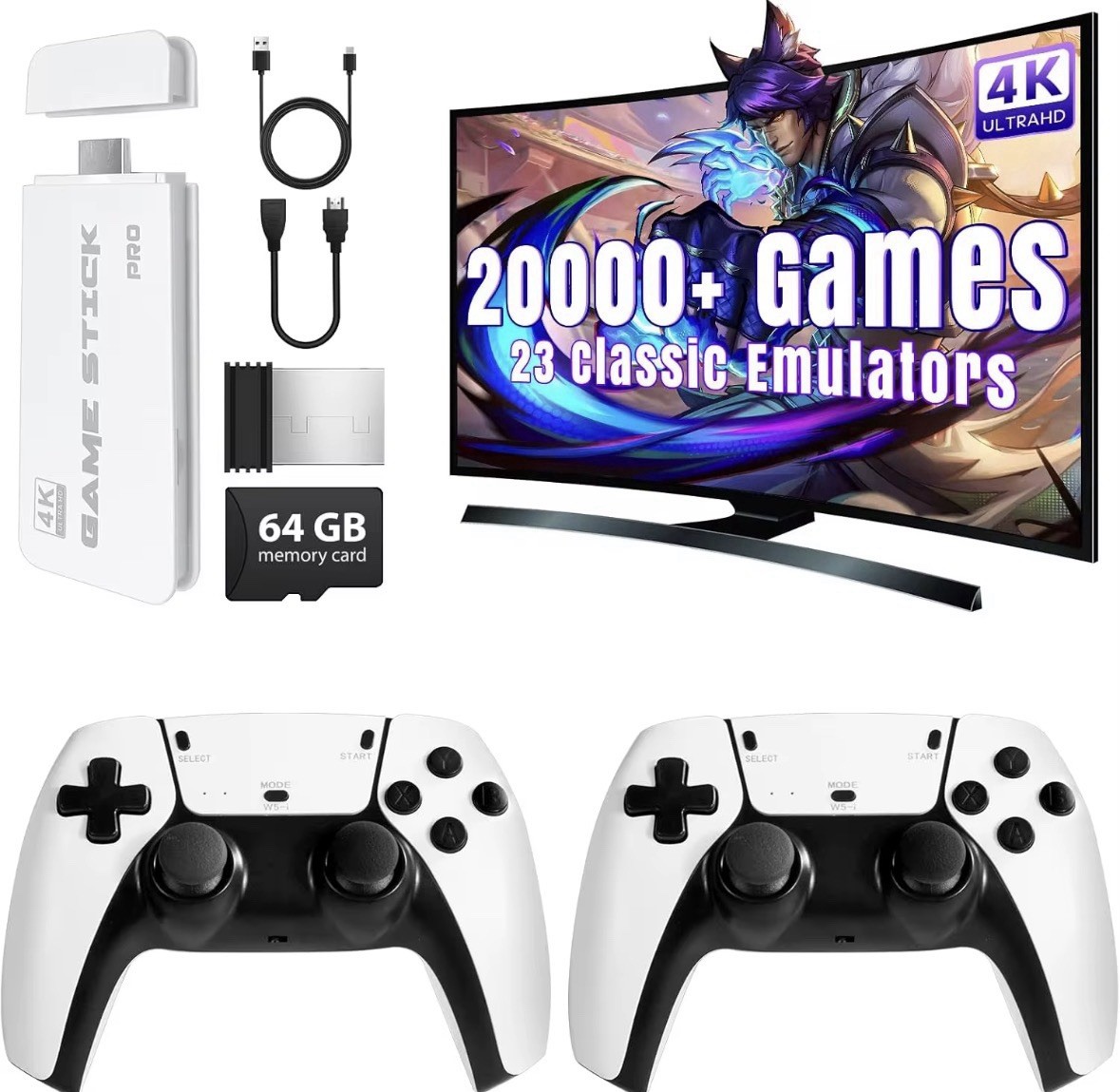 Game Stick Pro 4K Console, 64GB, Wireless Controllers, 23 Emulators, HDMI