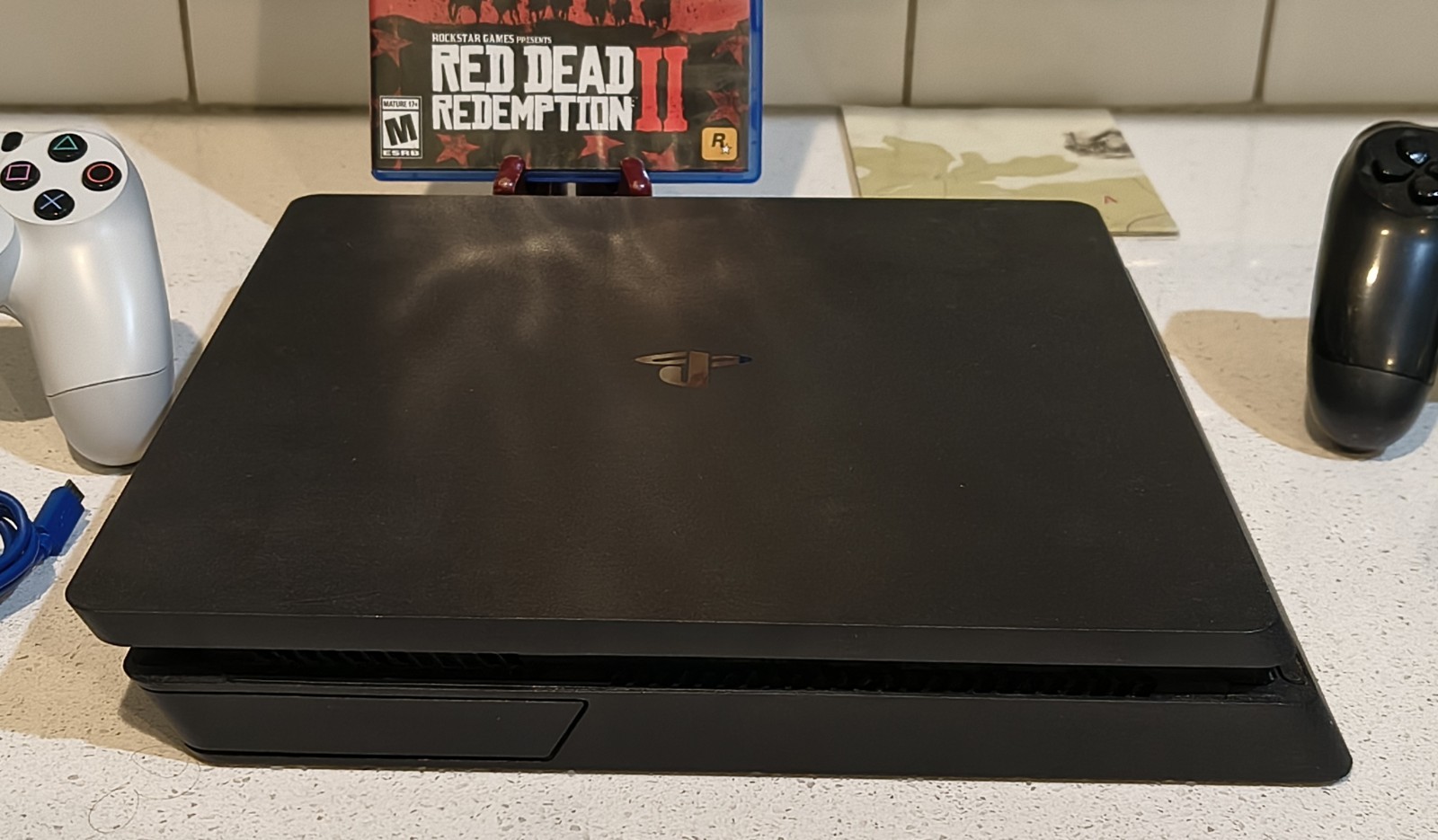 Sony PlayStation 4 PS4 Slim Console w/ 2 Controllers, RDR2 Game, HDMI & Power