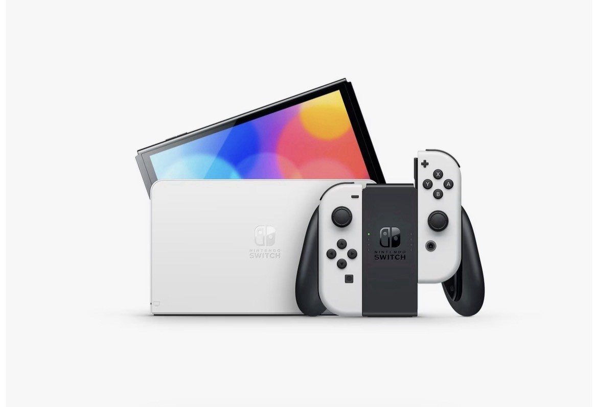 Nintendo Switch White OLED Bundle Case, a Game, Controllers