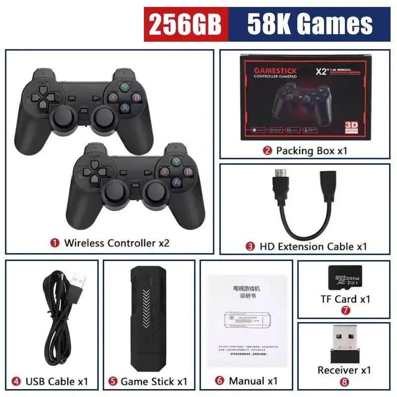 2026 X2 Plus 4K 2.4G R3tro Game Stick 256G 50 Emulators PS1 N64 DC Wireless