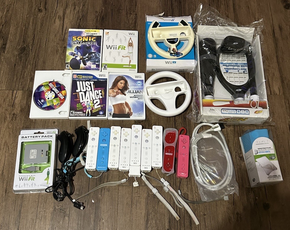 Huge Nintendo Wii Accessory Bundle,Remotes, MotionPlus,Wheels, Sports Pack,Games