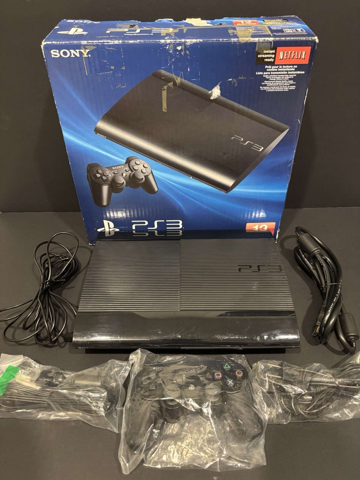 PS3 PLAYSTATION 3 SUPER SLIM 12GB SYSTEM CONSOLE IN BOX CIB TESTED & WORKING