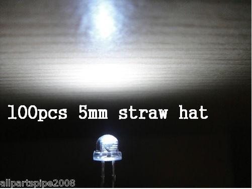 100pcs 5mm white straw hat wide angle led lamp 3v-12v with free resistor W5SH ay
