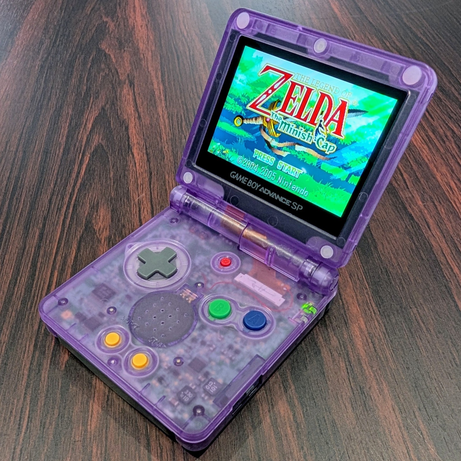 Custom GBA SP, IPS Screen, Upgraded Battery, Charger & Case – N64 Purple
