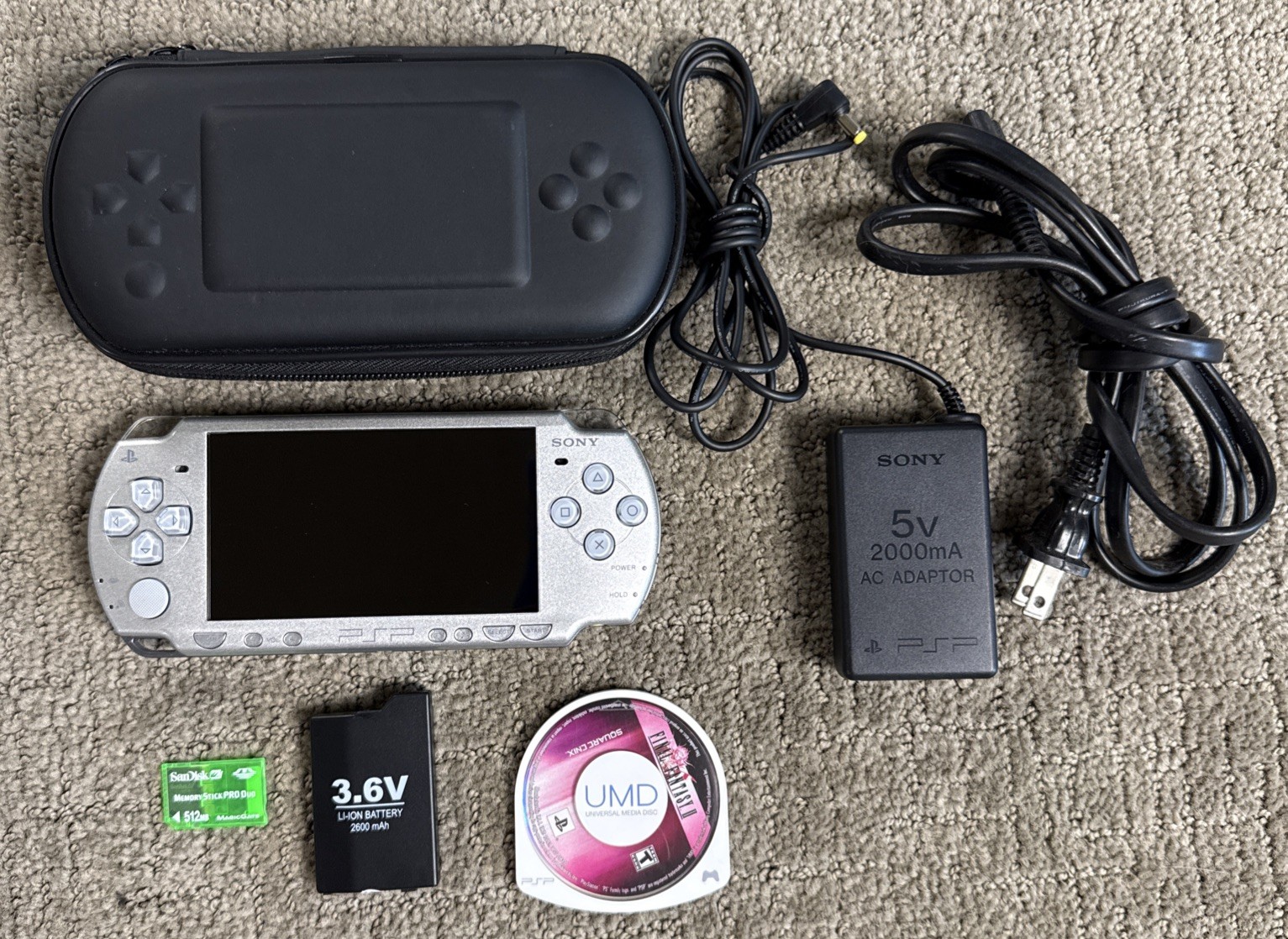 Sony PSP 2001 Handheld Console Silver w Battery Charger SD Game Tested Near Mint