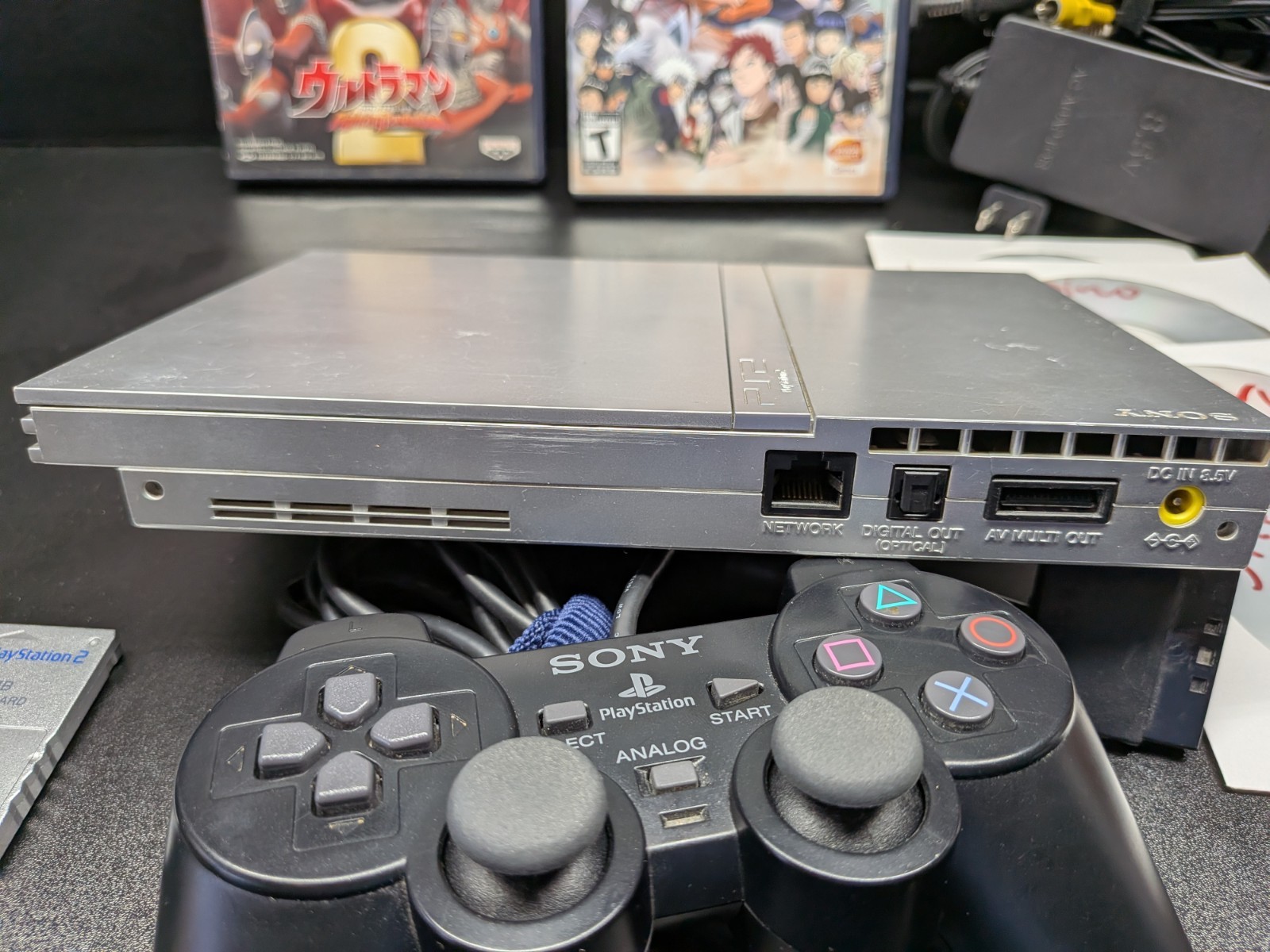 Silver PlayStation 2 Slim PS2 OEM Bundle OEM Controller, Cables, Memory Card