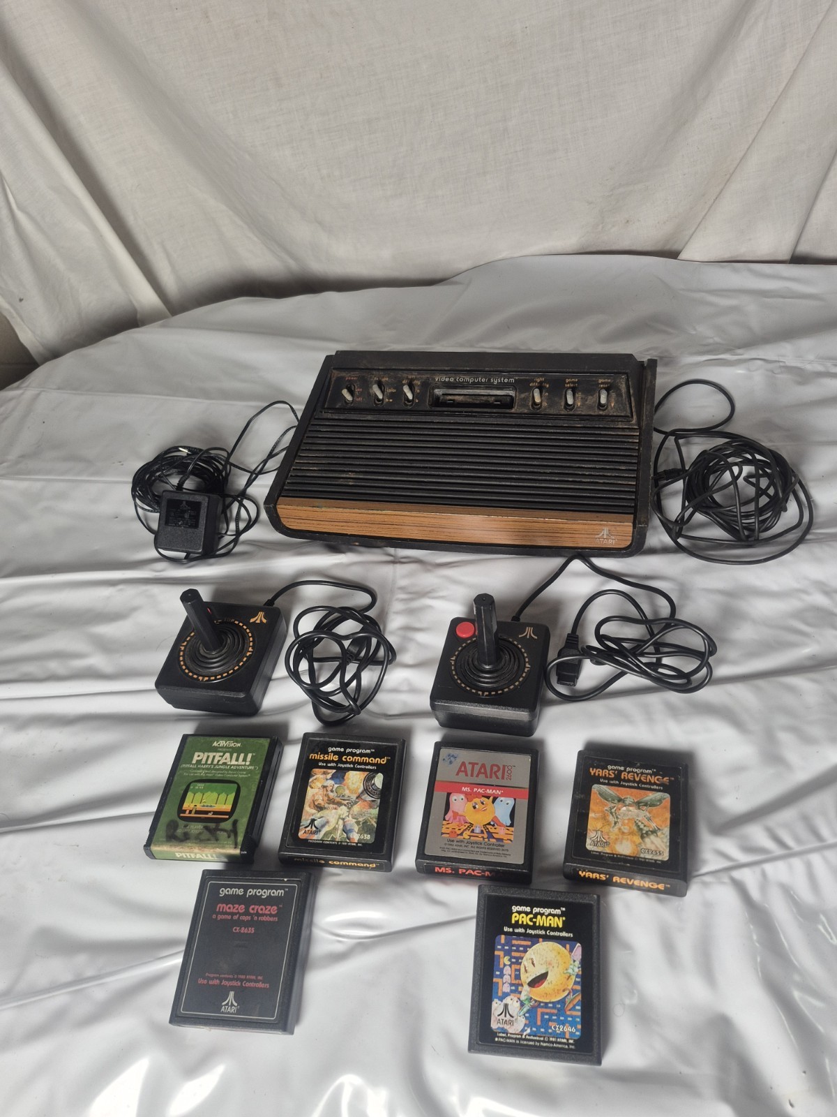 ATARI CX2600 FOUR SWITCH WOODY Console with 6 Game Bundle 2 Joysticks CX-2600