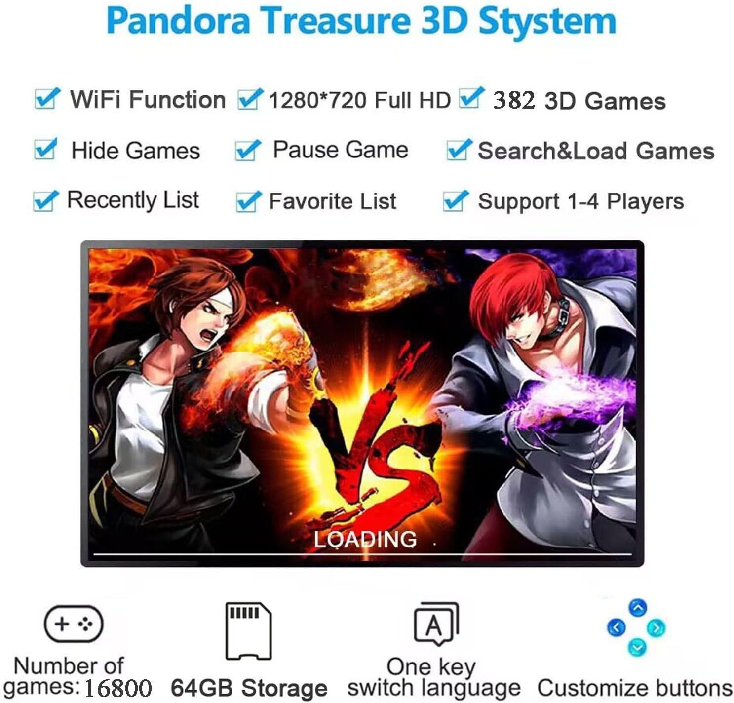Pandora Treasure 3D Arcade Console 16800 Games WiFi HDMI VGA 2 Player