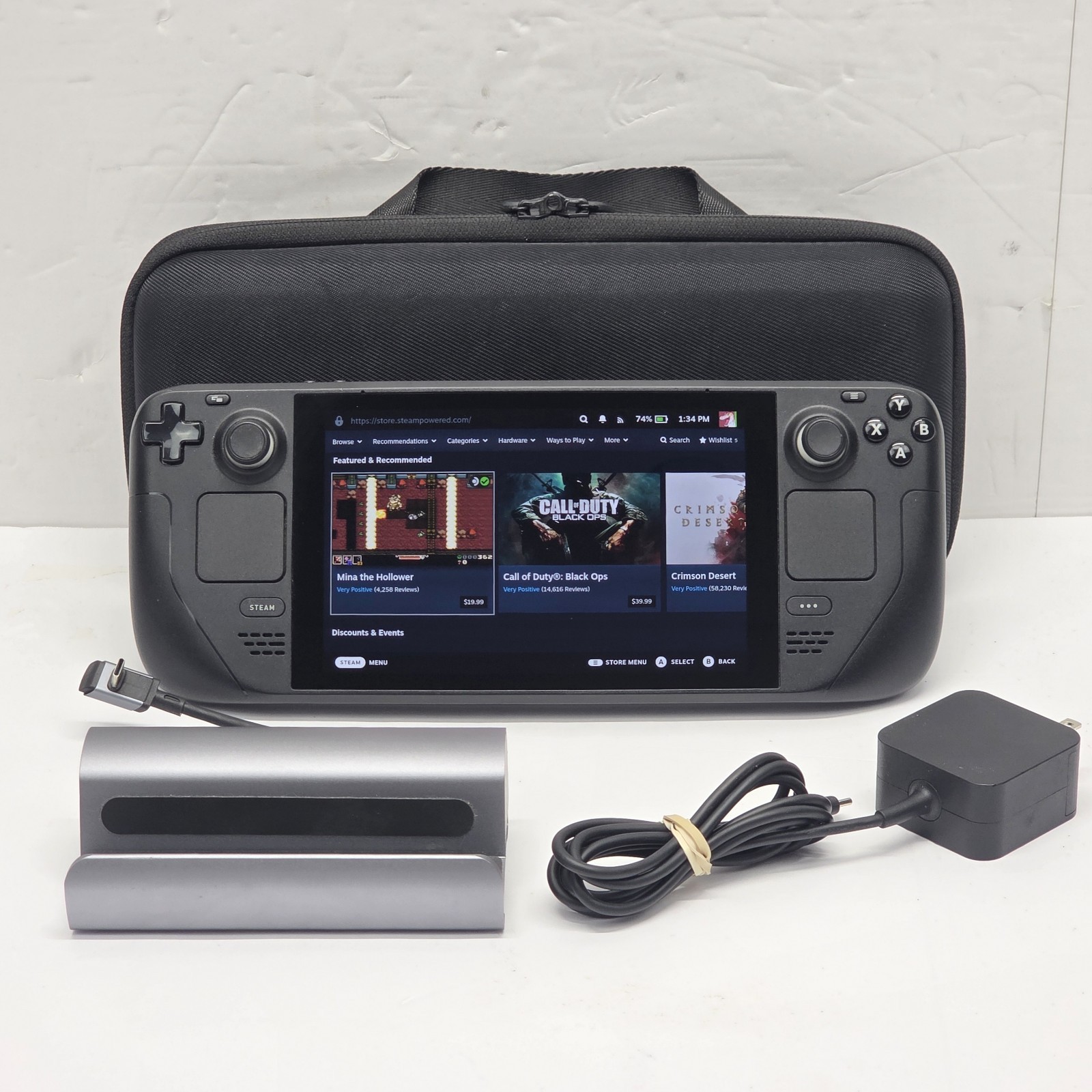Valve Steam Deck 64GB Handheld Game System w/ 512GB Micro SD Card, Case, Dock