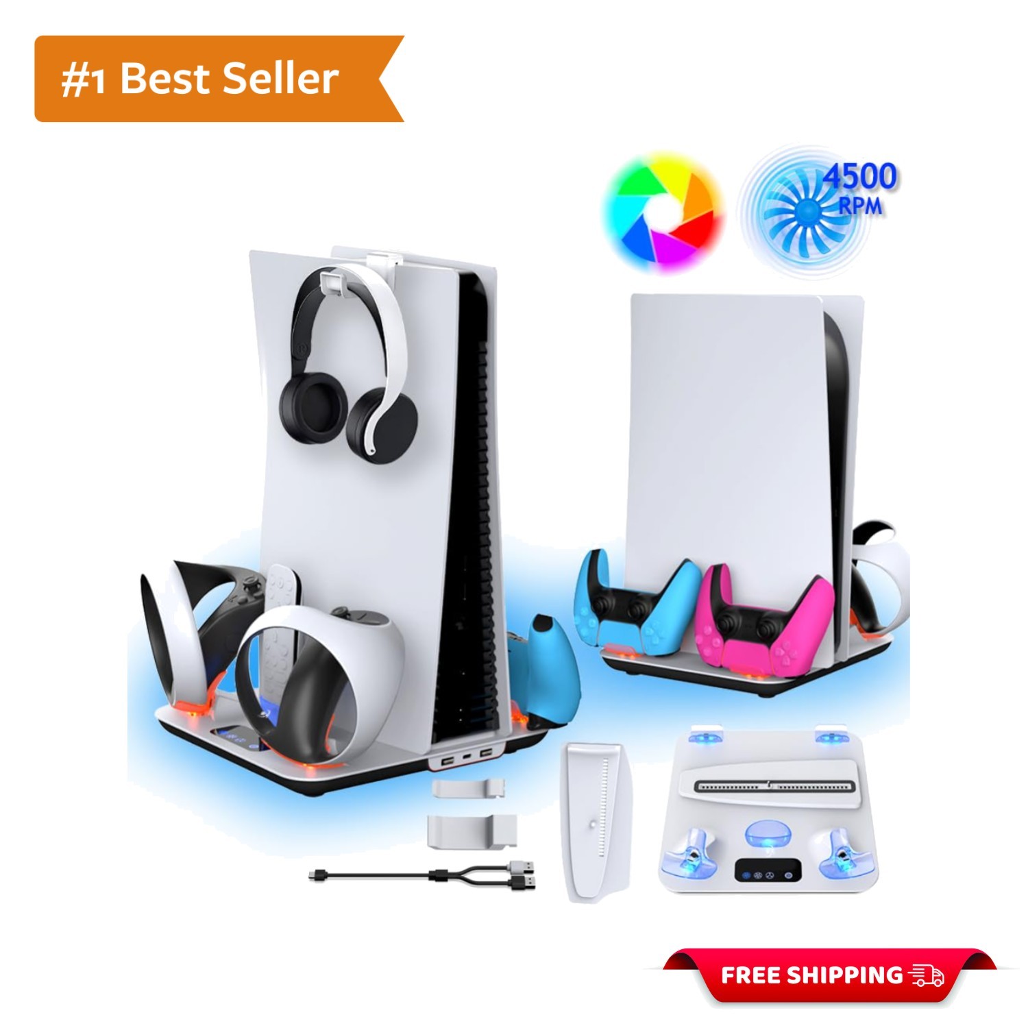 4-in-1 PS5 Cooling Stand with RGB Light & Dual Controller Docking Station