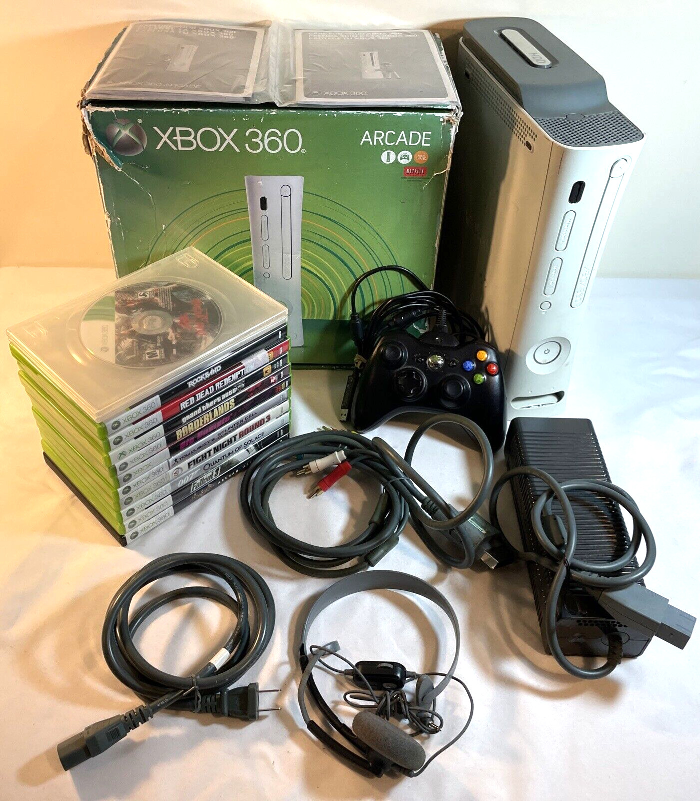 XBOX 360 ARCADE CONSOLE w/ Box, Hookups +12 Games – Tested Works *READ*