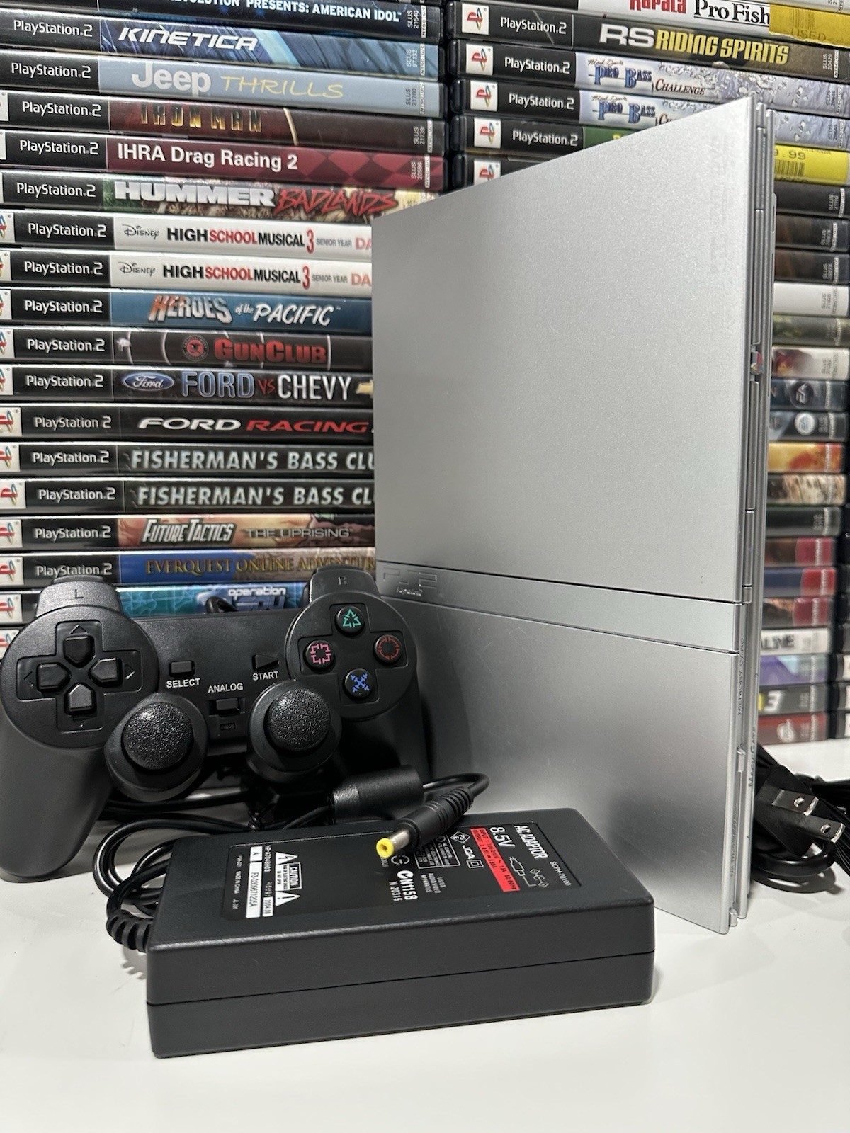 Sony PlayStation 2 PS2 Slim Silver Console Bundle –Controller / Cables / Tested