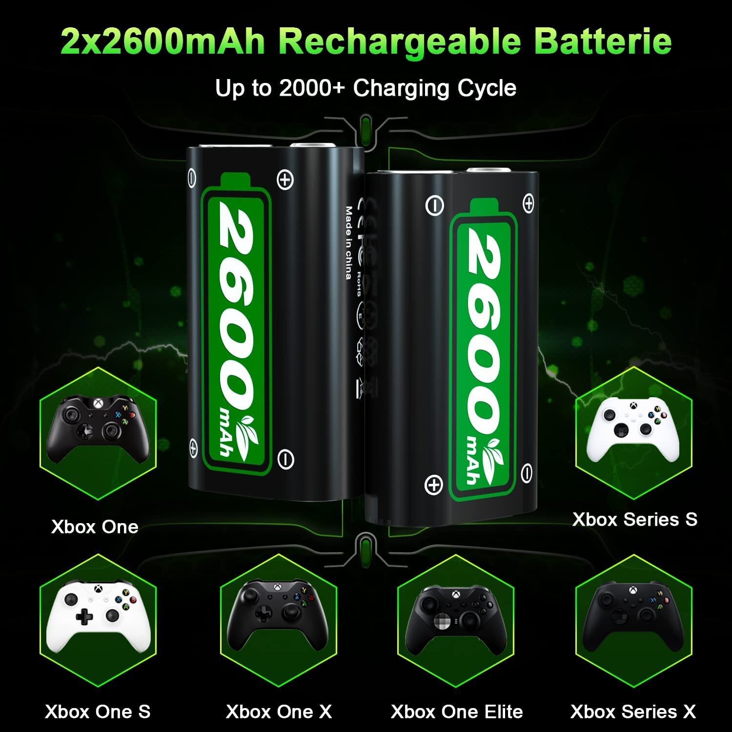 2 PACK Xbox One Elite Controller Battery 2600mAh High-Speed Charging Micro USB/C