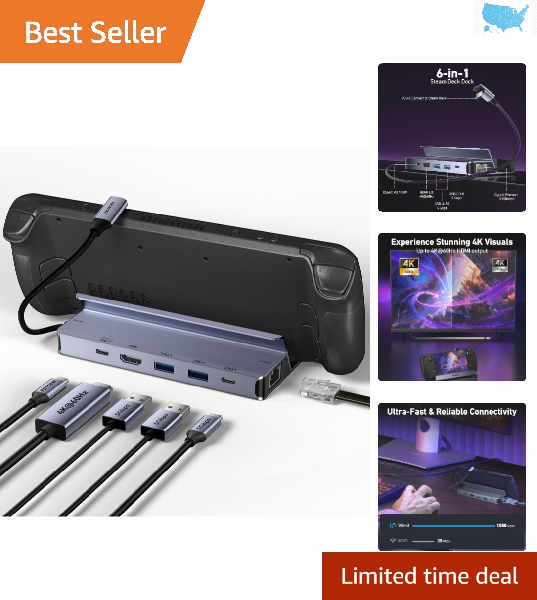 Compact Steam Deck Dock – Aluminum 6-in-1 Hub with Gigabit Ethernet Support