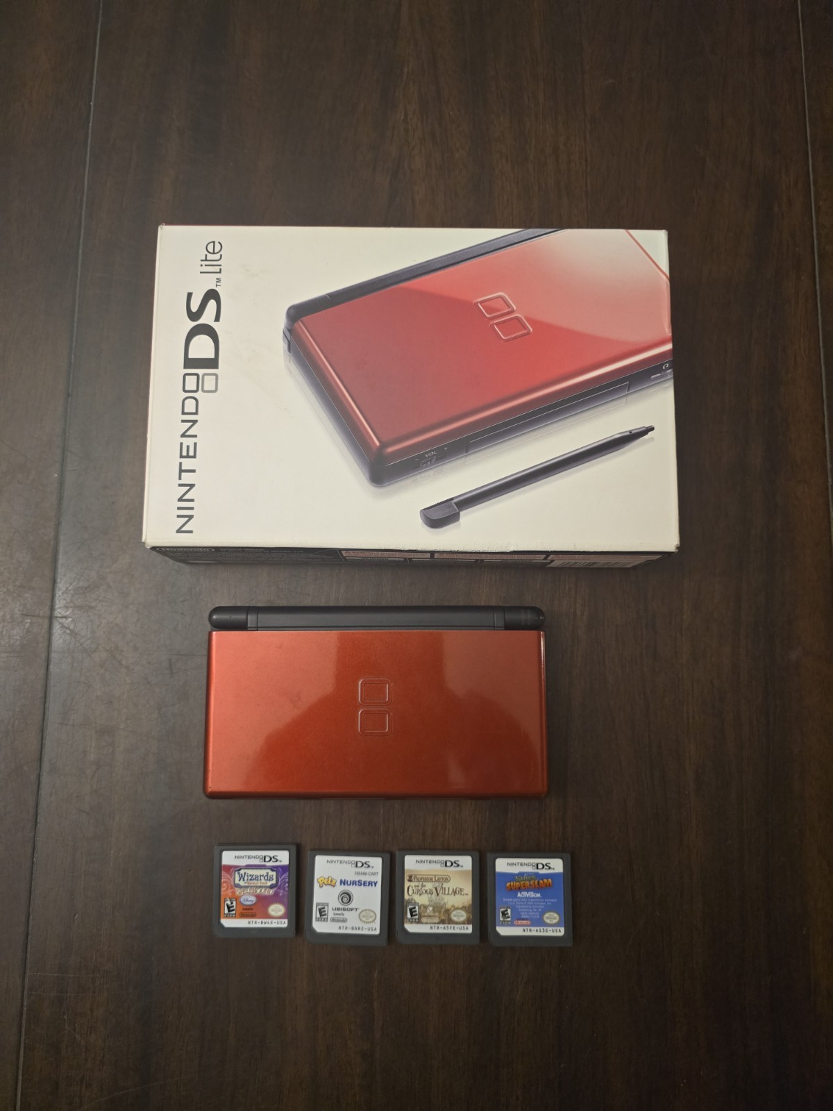 Nintendo DS Lite Crimson Handheld System Lot- Red/Black With Four Games