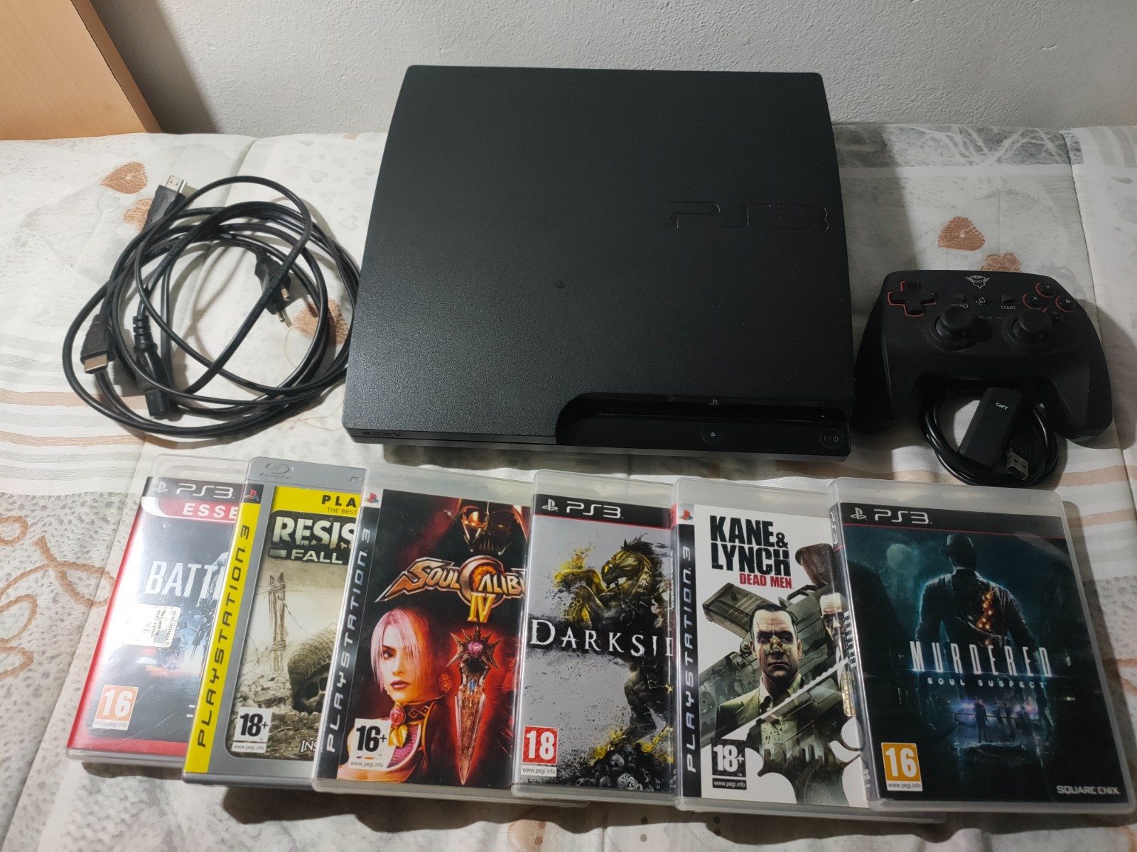 Sony Playstation 3 Slim PS3 Console with 6 Games, Trust GXT Controller and Cables.