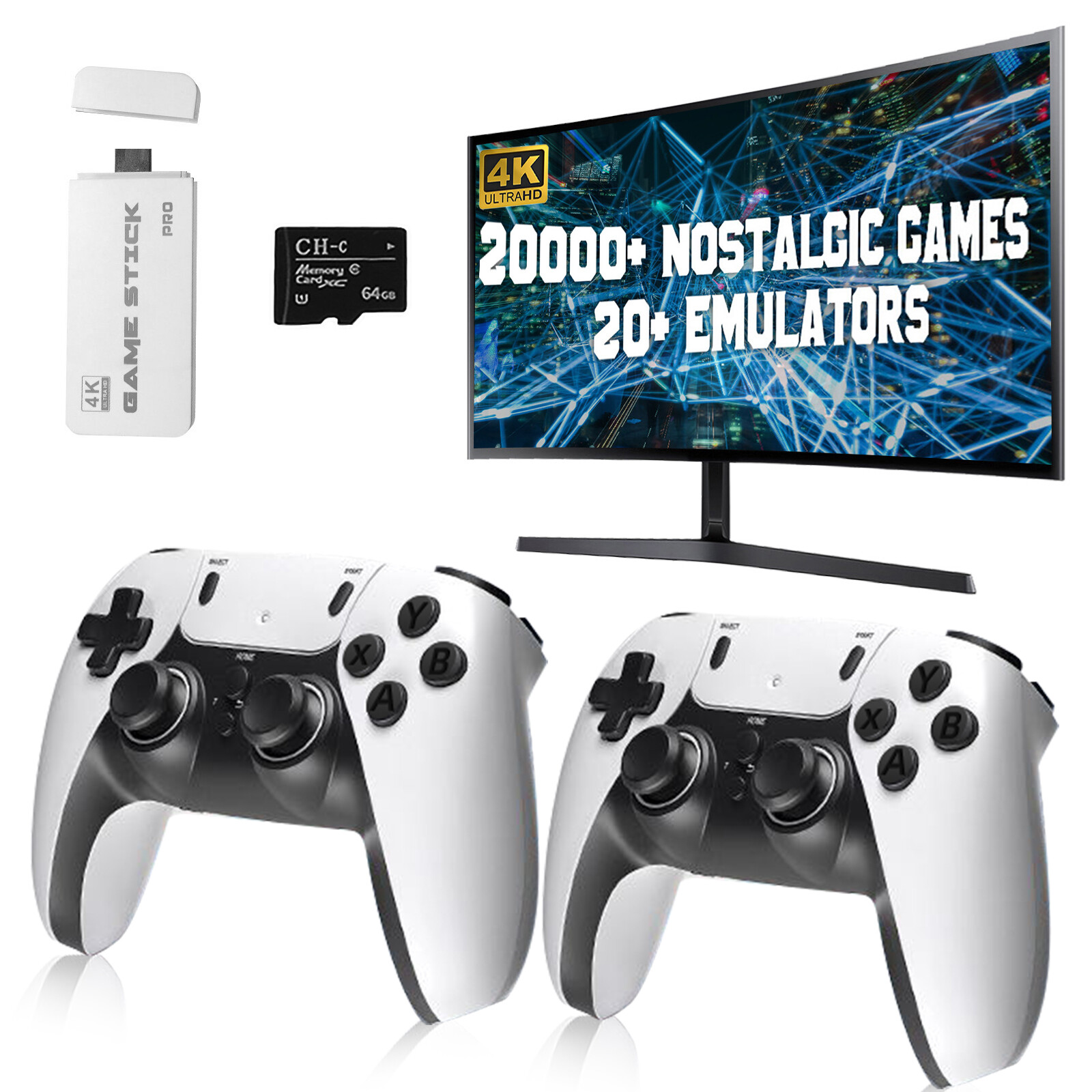 Retro Game Stick 64G,20,000+ Games, 4K Output, 20+ Game Consoles Controller