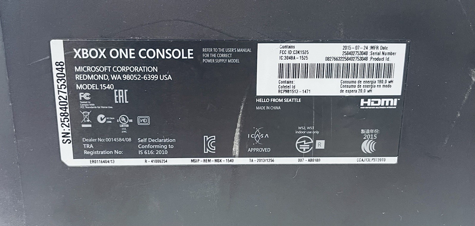 Microsoft Xbox One 1540 Black Console Wi-Fi Capability with Power Supply