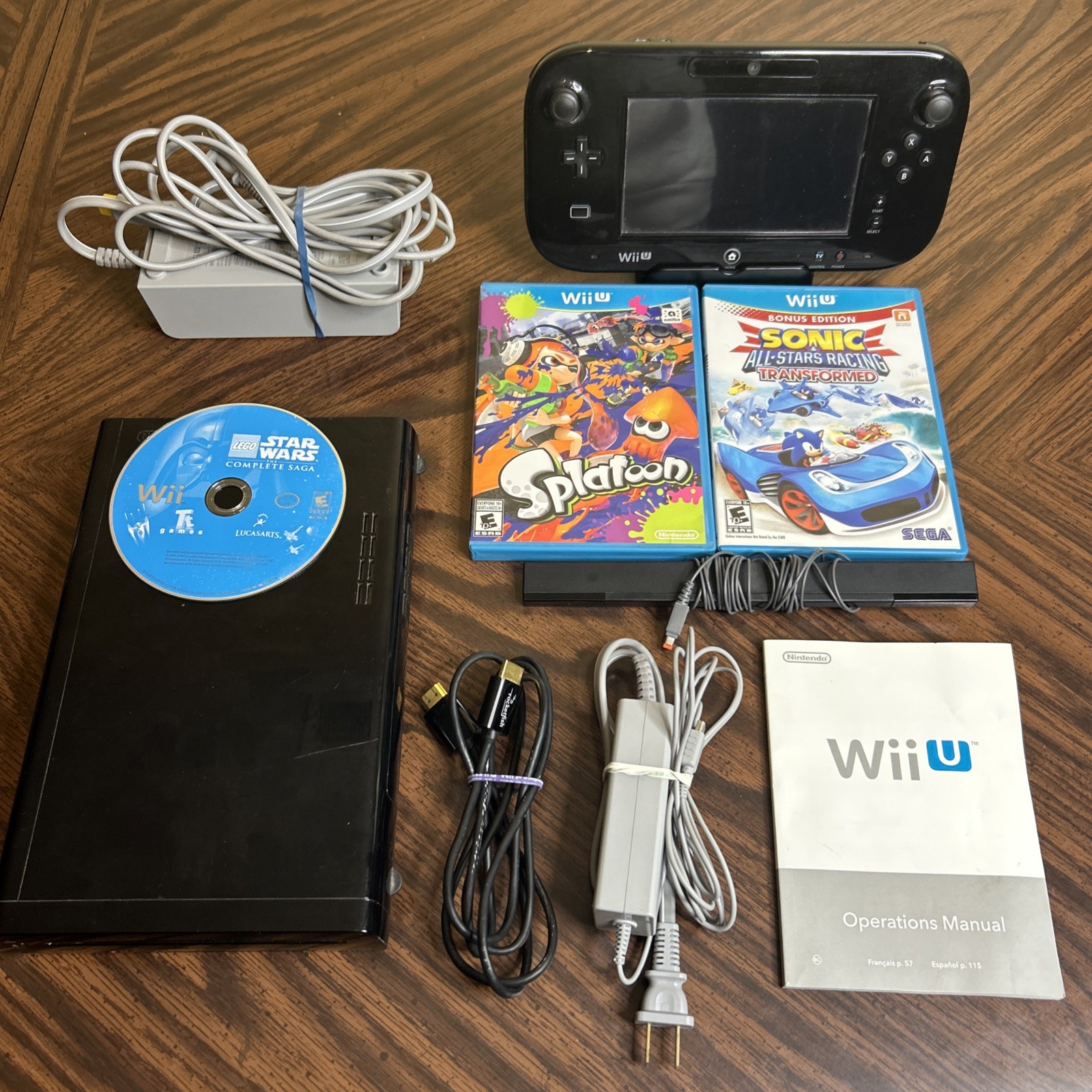 Wii U Console Gamepad Black Complete Set All Cords Games & Charging Cable & Dock