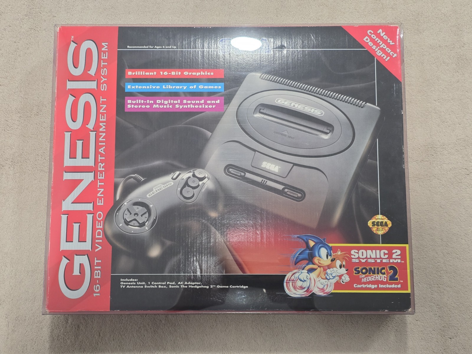Sega Genesis Model 2 Console CIB Sonic 2 Bundle w Reg Card Mint + Box Protector