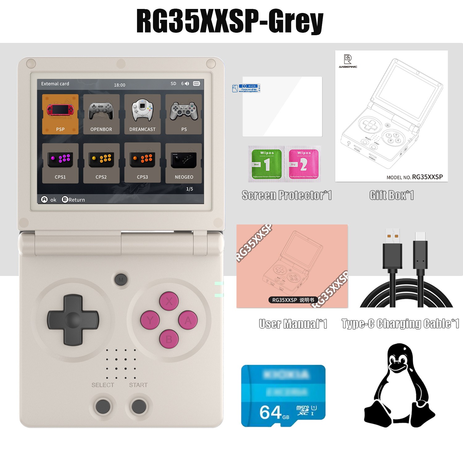 ANBERNIC RG35XXSP Handheld Retro Game Console 3.5′ IPS Screen 64G 4K+Games Gifts