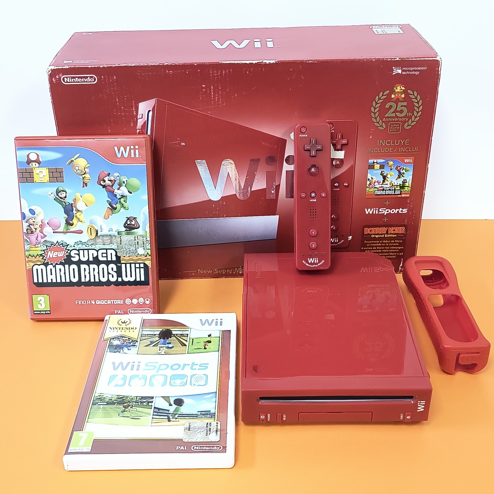 WII 25TH MARIO ANNIVERSARY NINTENDO + NEW MARIO BROS WII + WII SPORT + BOX
