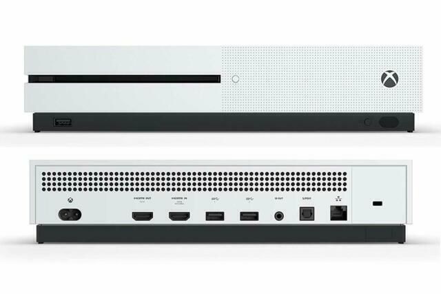 Microsoft Xbox One S 1TB Console – White and two controllers (black and blue)