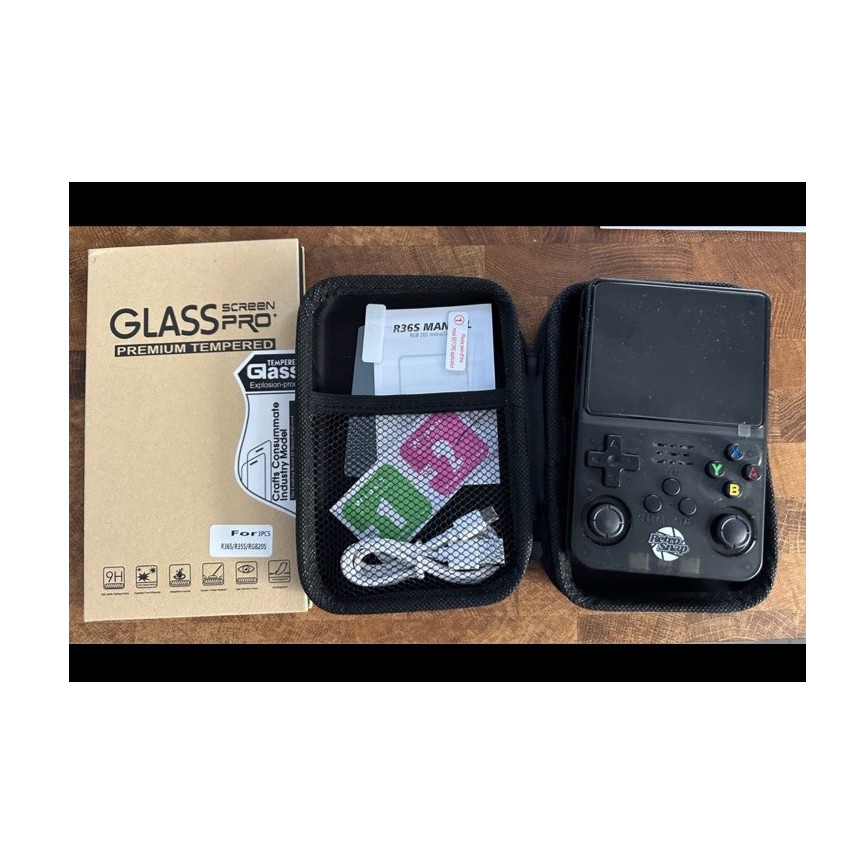 R36S Black Handheld Game Console USB-C with Carrying Case