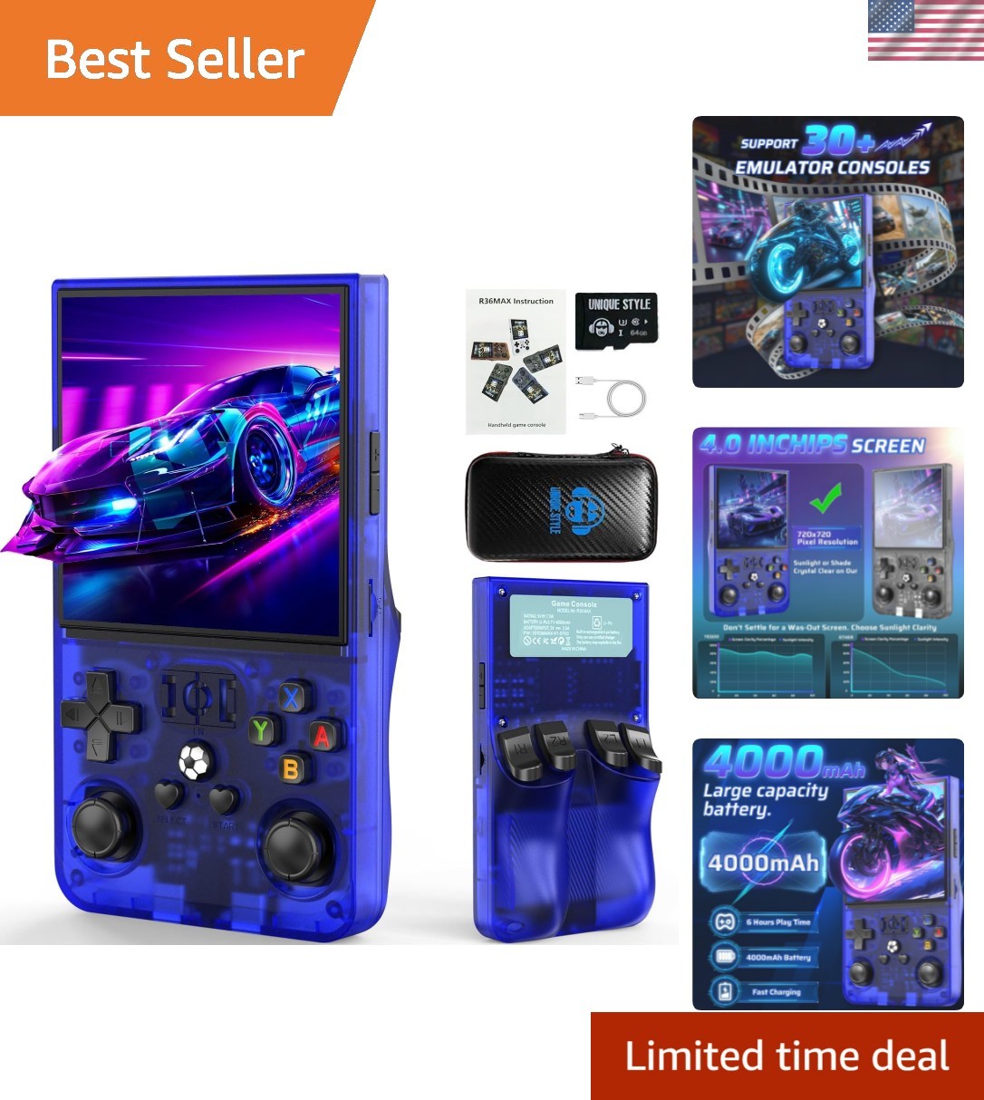 R36MAX Retro Gaming Console, 30+ Emulators, 6 Hours Play on 4.0″ Screen, Blue