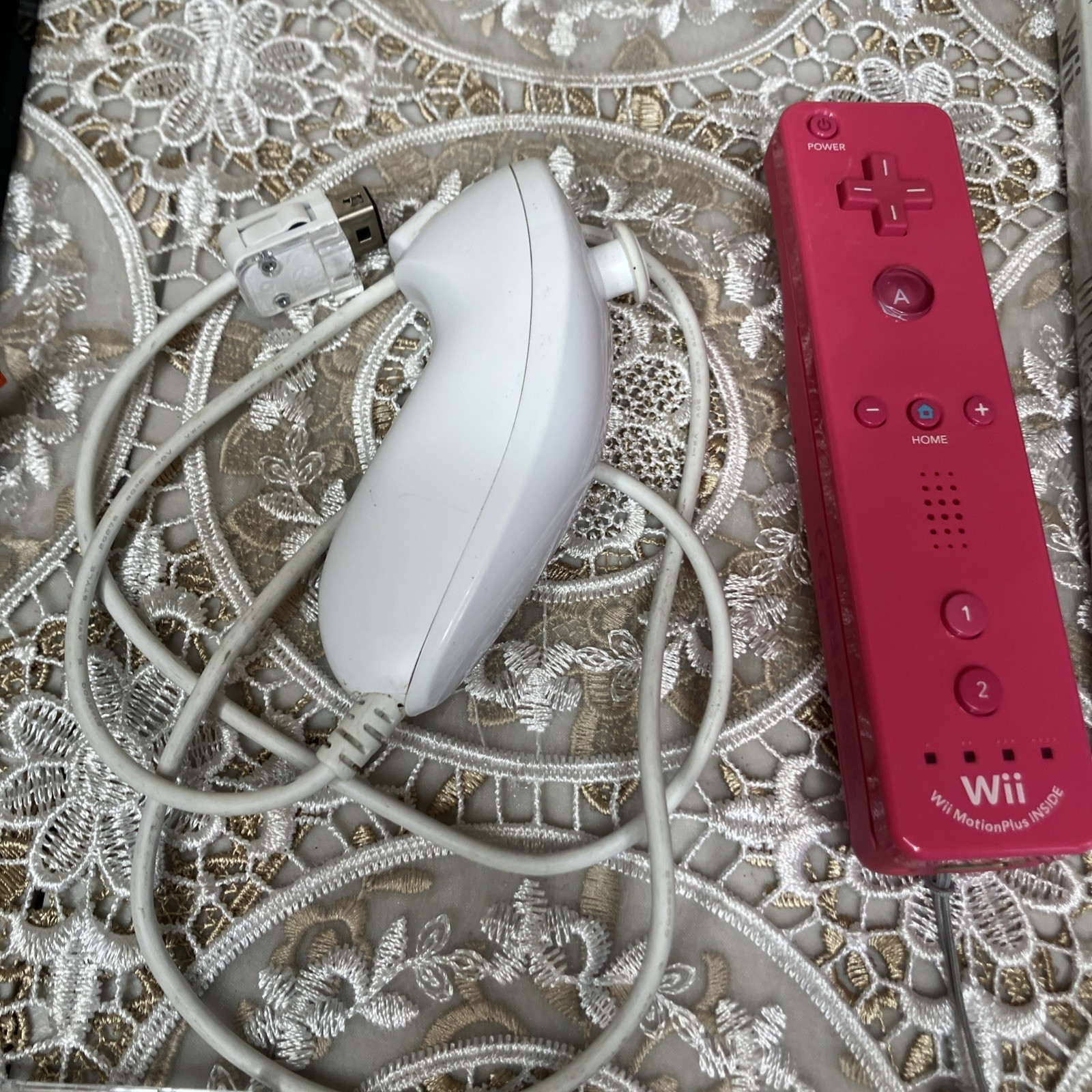 Nintendo Wii Bundle -Blue Console (Tested Works), Pink Remote, Nunchuck, 8 Games