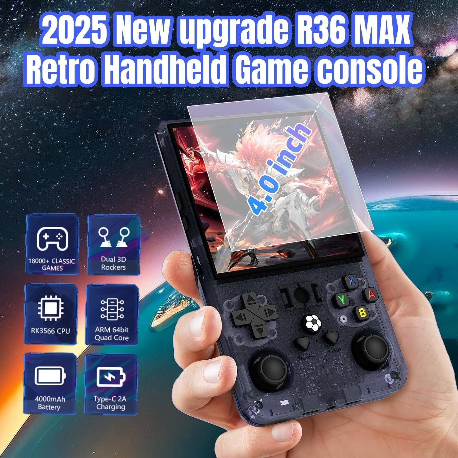 2025 R36MAX Retro Handheld Game Console, 64GB, 20000+ Games, 4000mAh Battery