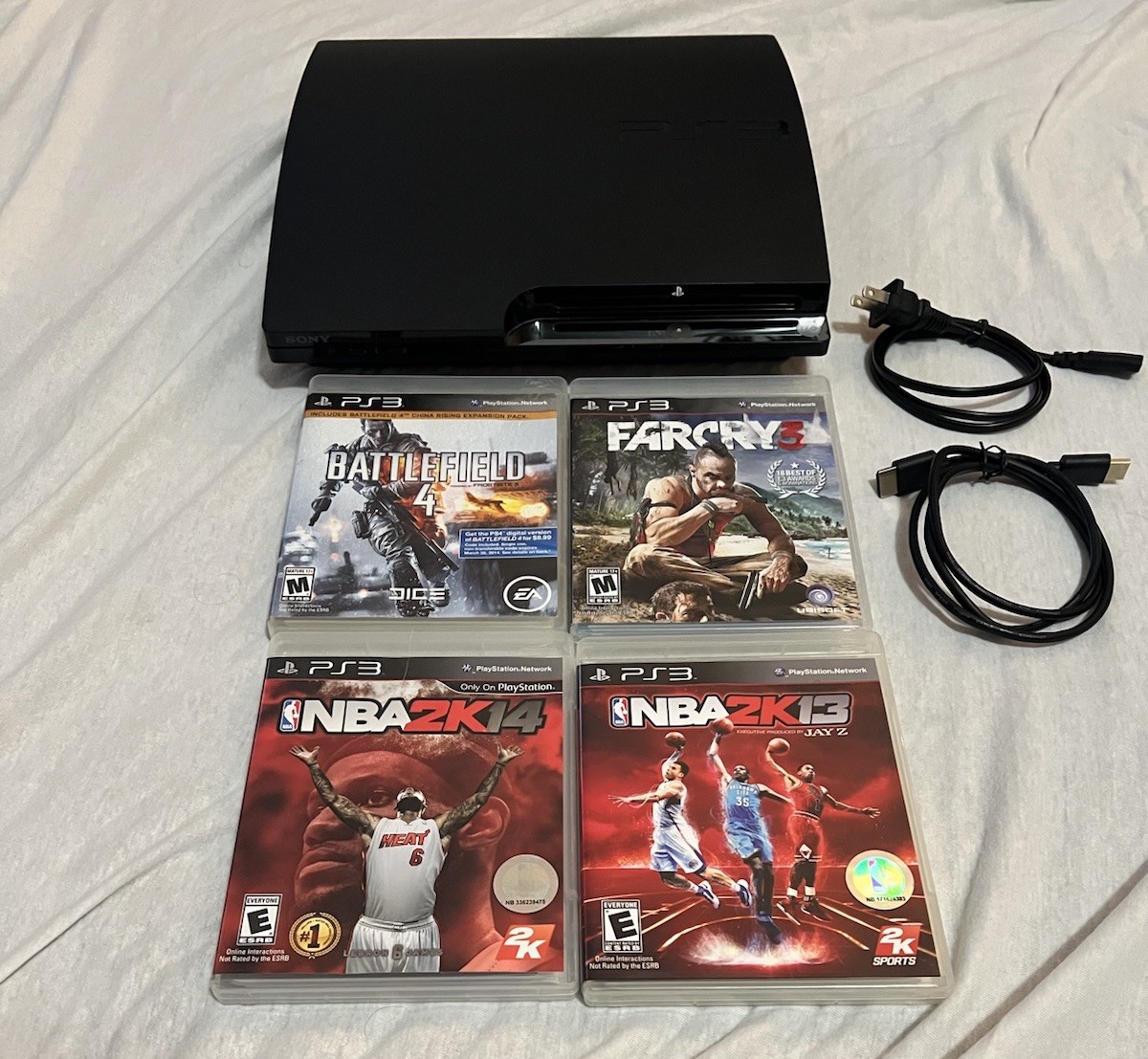 Sony PS3 Slim 160GB CECH-2501A Console Bundle Tested w/ Cables & 4 Games
