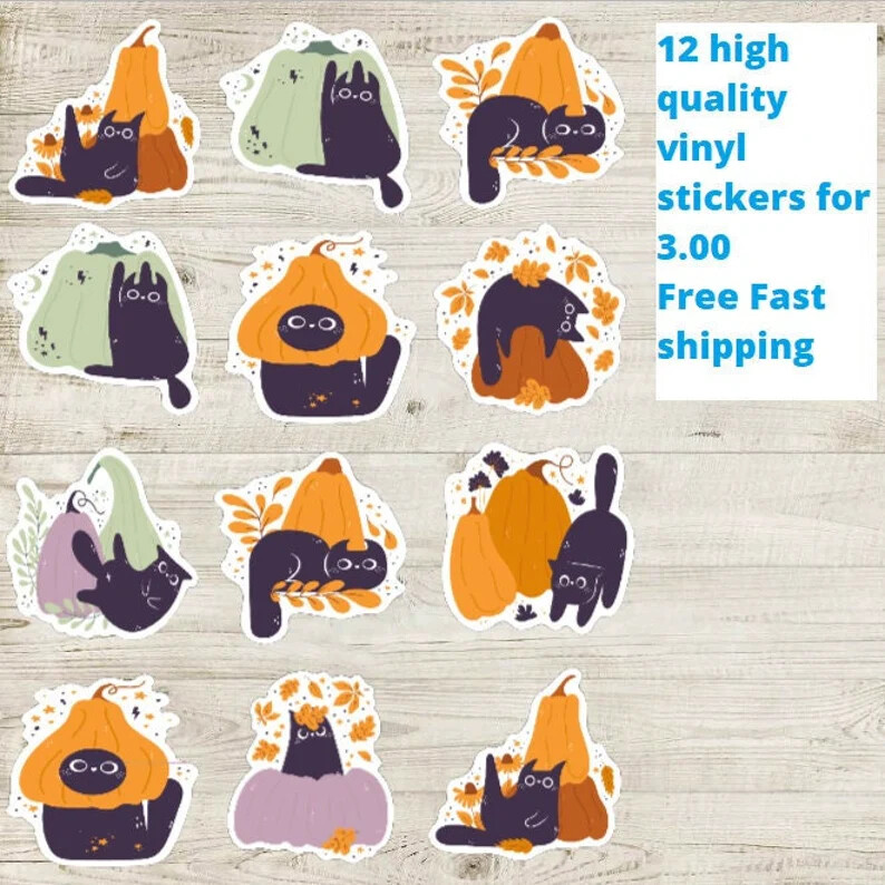 Black Cat Pumpkin Stickers, Cute Cat Sticker Bundle, Bundle of 12 High Quality f