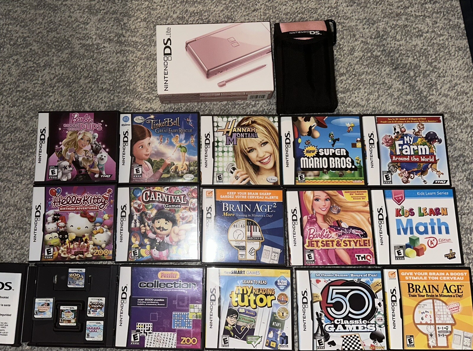 Nintendo DS Lite Bundle Lot Metallic Pink Console, 19 Games And Carrying Case