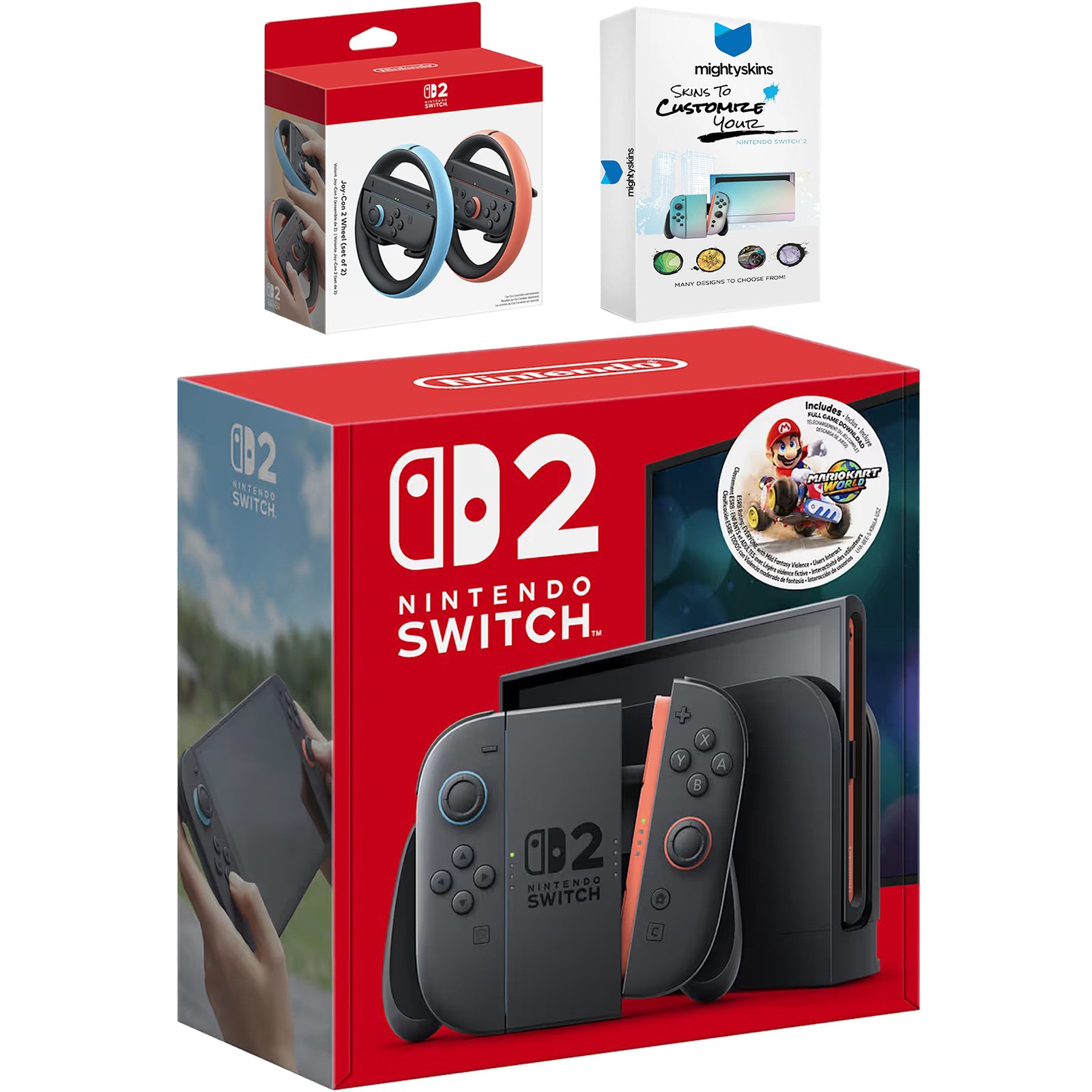 Nintendo Switch 2 Mario Kart Bundle, Joy Con Wheel, MightySkins Code