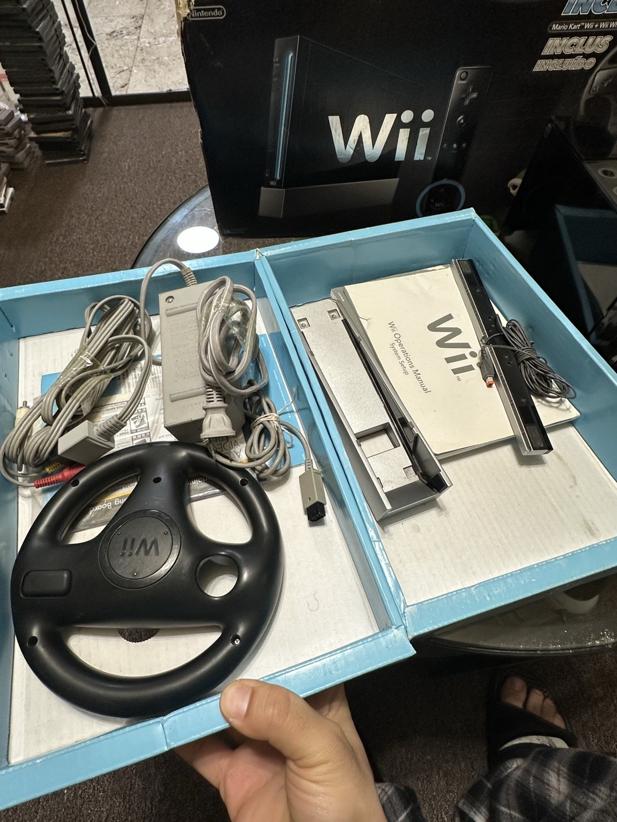 Nintendo Wii Mario Kart Racing Bundle Black Console Tested Please READ!
