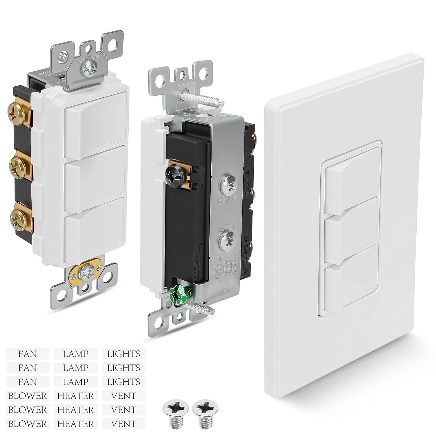 Sleek Three-Way Rocker Light Switch Combo – White Multi-Control with Plate