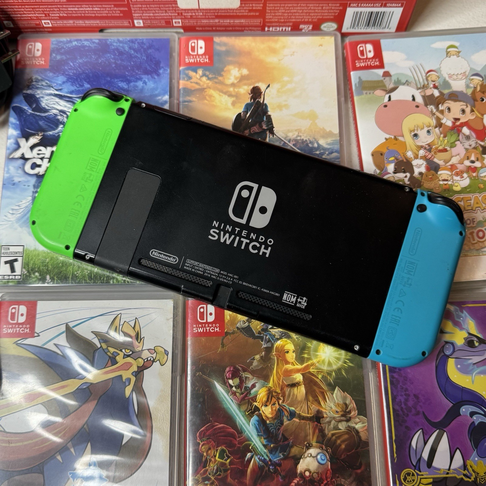 Nintendo Switch Console Bundle Neon Blue Red 6 Games Dock Case Joy-Con Grip Test