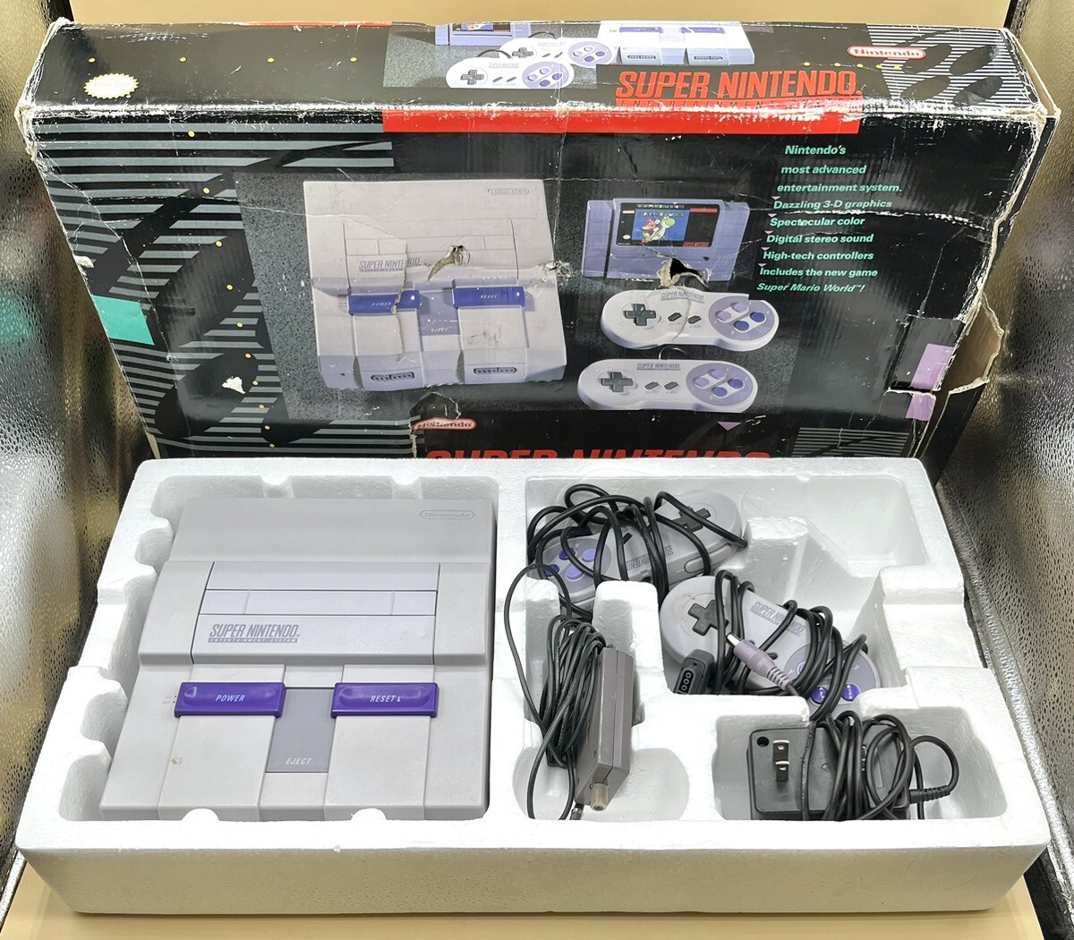 SUPER NINTENDO SNES CONSOLE W/ ORIGINAL BOX, 2 CONTROLLERS, ACCESSOR (MVP023949)
