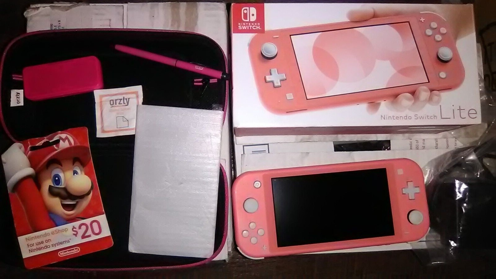 Nintendo Switch Lite~Pink~$20 Nintendo eShop Card~Orzly Lot~Carry Case~Tested ✅