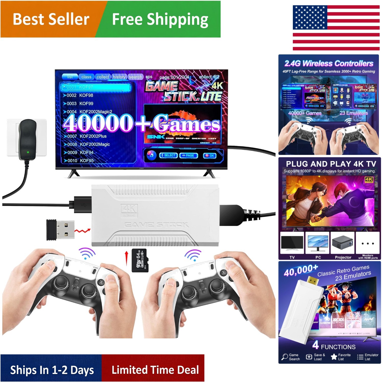 Plug & Play Retro Game Console with 64GB TF Card, Dual Controllers, 4K Output