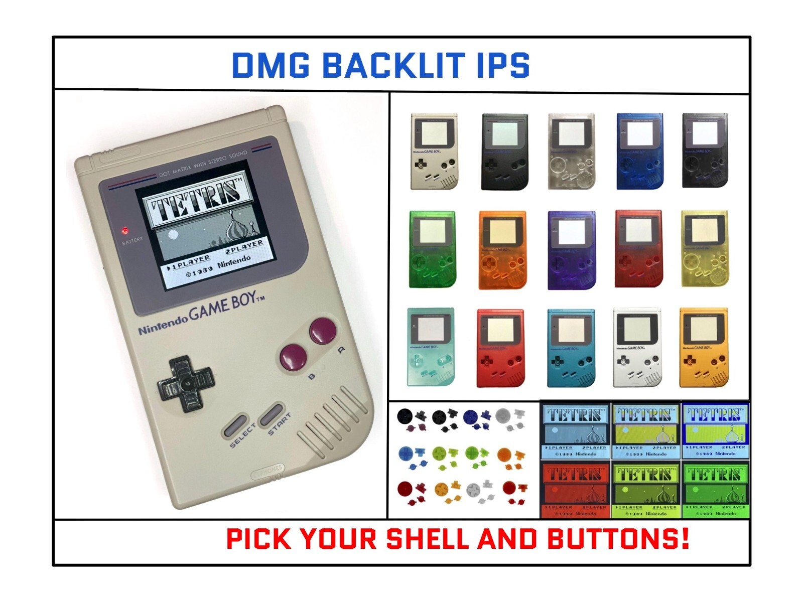 Nintendo Game Boy Original DMG IPS Brighter Backlight Custom PICK YOUR COLOR!