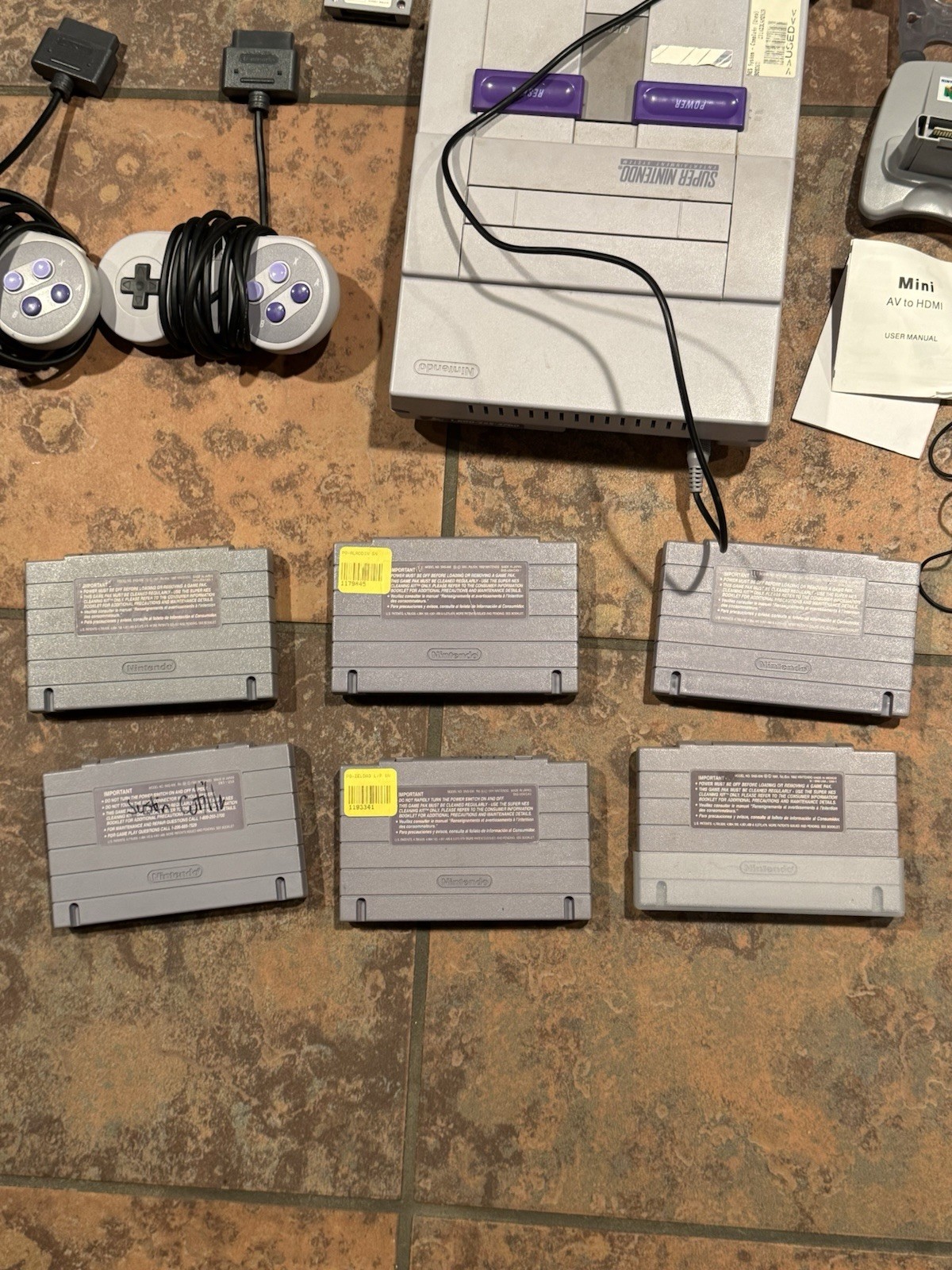 SNES Super Nintendo Console Bundle – 6 Games + 2 Controllers + Cables