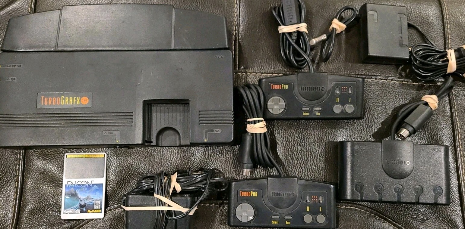 Turbografx 16 Console w/ 2 Controllers, TurboTap, Falcon Game & Cords – Works!