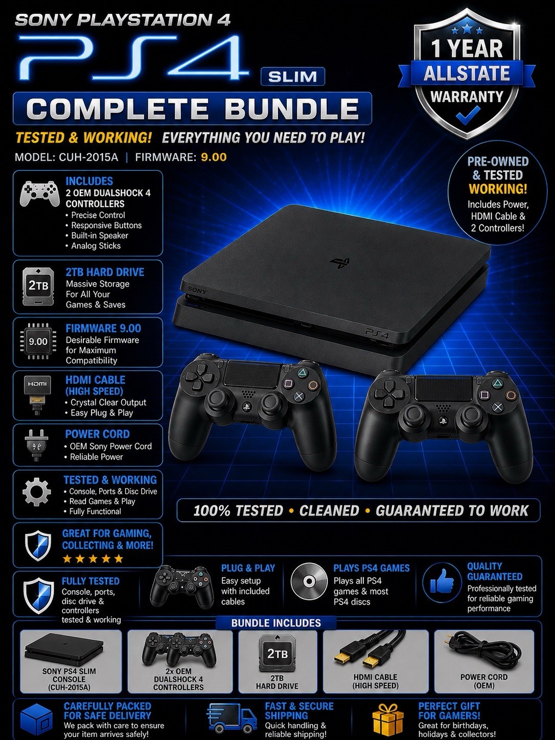 PlayStation 4 Slim 2TB PS4 Console System Bundle Controller 9.0 Firmware
