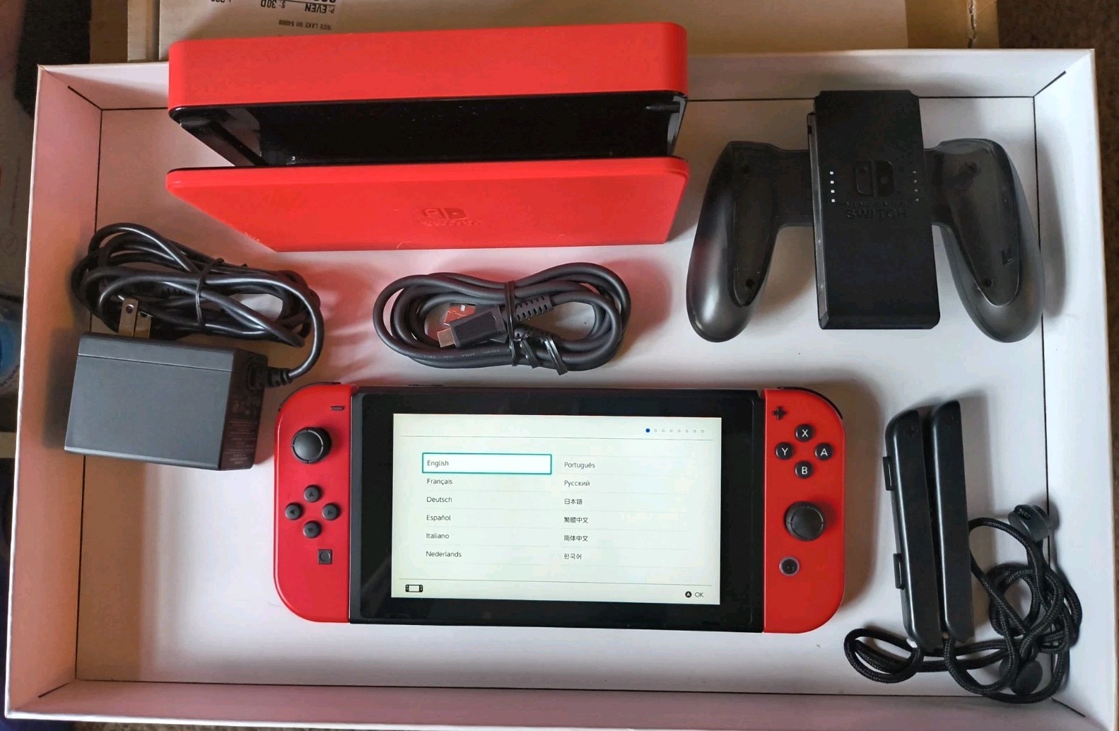 Nintendo Switch 32GB. Mario Red Joy Cons and Dock Station With Cords.