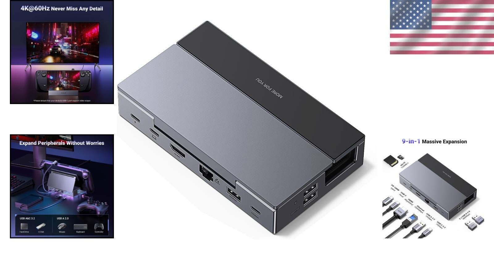 USB C 9-in-1 Dock with Foldable Stand – Ultimate Docking for Steam Deck & More