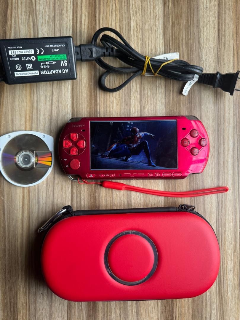 Sony PSP 3000 Red Console Bundle Tested Charger Battery 16GB Memory Card + Cd